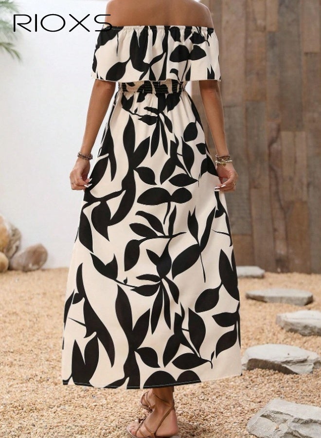 RIOXS Women's Off the Shoulder Floral Maxi Dress, Summer Ruffle A-line Beach Dress with Flounce Bodice and Slit Hem for Ladies, Flowy Long Split Sundress for Vacation/ Graduation/ Party/ Wedding/ Dating/ Casual Daily Wear, Black and Apricot - Image 4