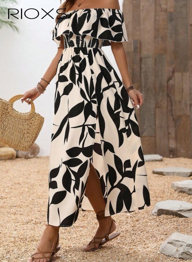 RIOXS Women's Off the Shoulder Floral Maxi Dress, Summer Ruffle A-line Beach Dress with Flounce Bodice and Slit Hem for Ladies, Flowy Long Split Sundress for Vacation/ Graduation/ Party/ Wedding/ Dating/ Casual Daily Wear, Black and Apricot - Image 3