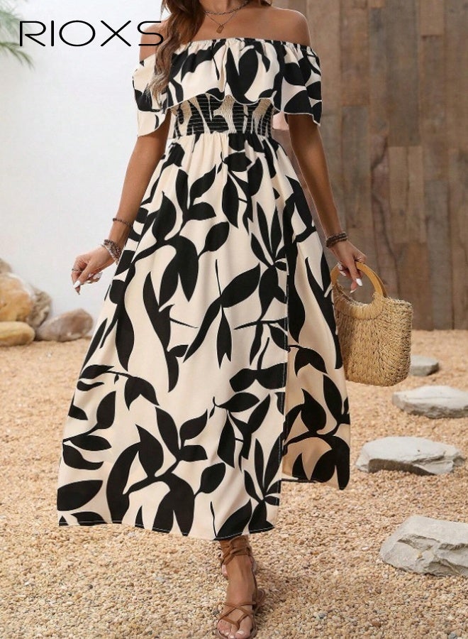 RIOXS Women's Off the Shoulder Floral Maxi Dress, Summer Ruffle A-line Beach Dress with Flounce Bodice and Slit Hem for Ladies, Flowy Long Split Sundress for Vacation/ Graduation/ Party/ Wedding/ Dating/ Casual Daily Wear, Black and Apricot - Image 1