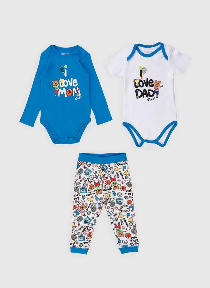 GUESS Kids 3 Piece Printed Bodysuit & Sweatpants Set