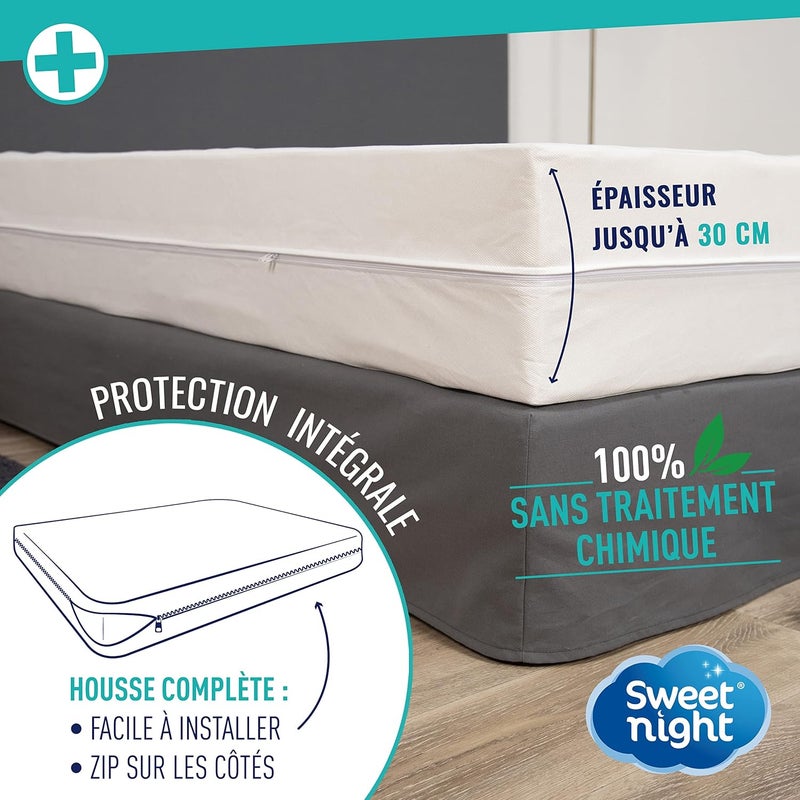 SWEET NIGHT Sweetnight - غطاء فراش كامل 140 × 200 × 30 سم | حماية من بق الفراش وعث الغبار | يحمي فراشك بالكامل | إغلاق بسحاب | بدون معالجة كيميائية | سمك يصل إلى 30 سم تصميم عصري منتشر - Image 3