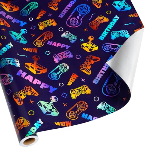 BIOBROWN Gaming Wrapping Paper for Boys Girls 17 Inch X 33 Ft Laser Video Game Design Gift Wrap Paper for Kids Birthday Game Party Favor Game Lover Holiday - Image 1