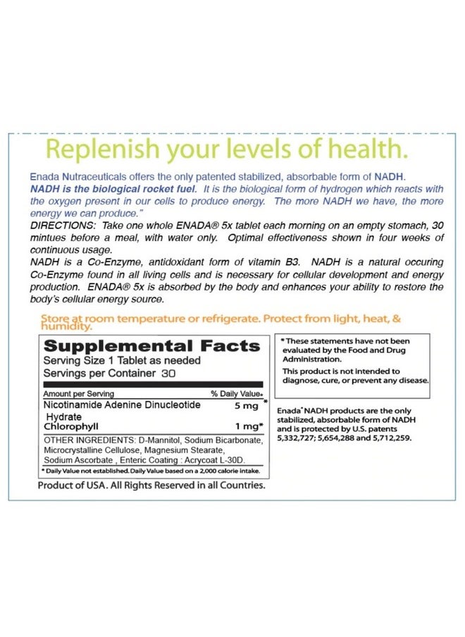 ENADA - 5Mg Nadh Supplement With Boost Of Chlorophyll ; Co Enzyme Antioxidant Form Of Vitamin B3 Immunity Support Dna Repair ; Serves As Natural Energy Memory Booster & Restore Body - Image 1
