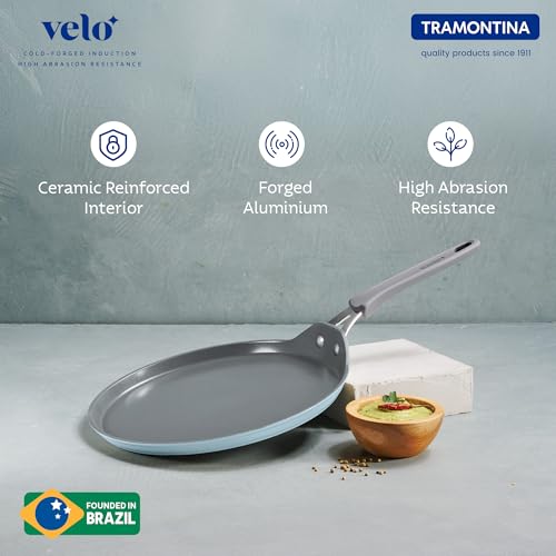 Tramontina Velo 30cm Forged with Ceramic Reinforced Interior Flat Dosa Tawa|Raised Edges | Gas/Induction Cookware | Tawa for Dosa, Uttapam | Stainless Steel Handle | Silicone Grip |Sea Blue - Image 2