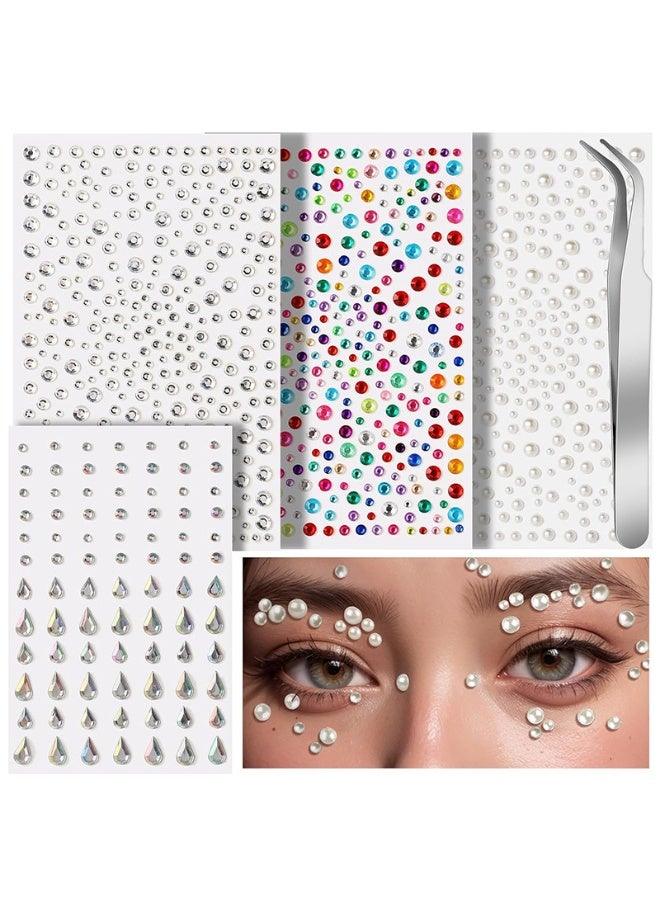 4-Sheet Face Gems Self Adhesive Face Rhinestones for Makeup Festival,Pearl Rhinestones Stickers for Face, Hair, Eye - Image 1