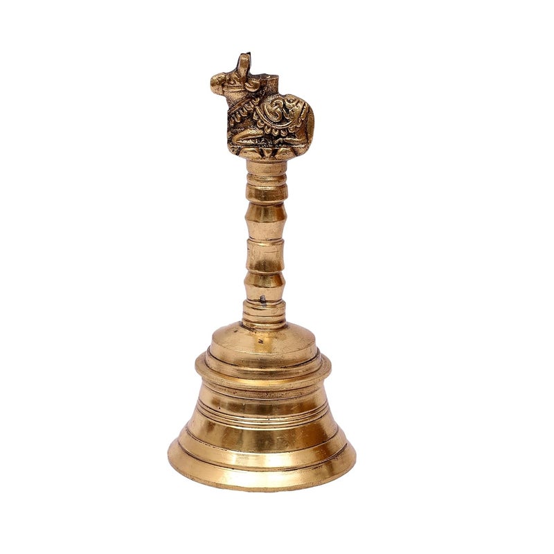 Two Moustaches 5 Inches Nandi Design Brass Pooja Hand Bell Ghanti for Pooja Aarti Brass Temple Bell Hanging Bells for Home Temple Standard Pack of 1 - Image 1