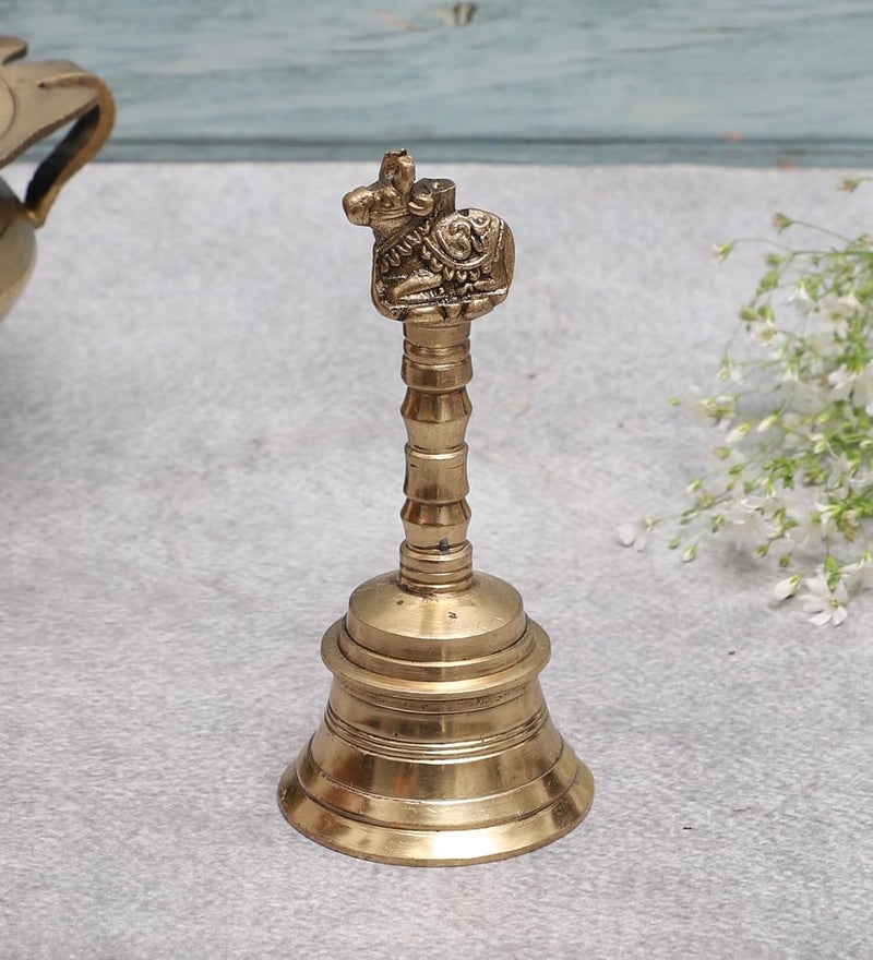 Two Moustaches 5 Inches Nandi Design Brass Pooja Hand Bell Ghanti for Pooja Aarti Brass Temple Bell Hanging Bells for Home Temple Standard Pack of 1 - Image 3