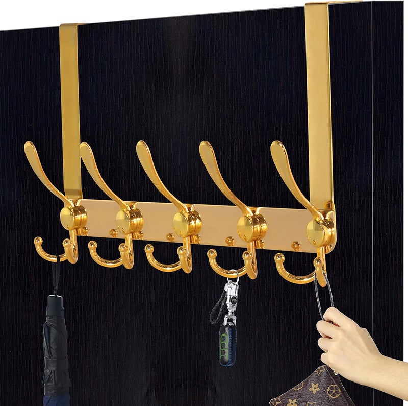 Dseap Over The Door Hook Hanger - 5 Tri Hooks, Heavy Duty Over The Door Towel Rack Coat Rack for Clothes Hat Towel,Gold - Image 3