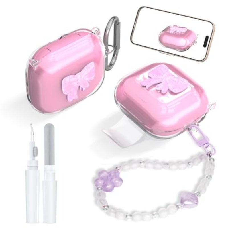 [Secure Lock] TPU Case with 3D Bow Compatible with Beats Powerbeats Fit 2025, Shockproof Clear Case Cover with Phone Stand, Carabiner Keychain and Cleaning Kit Transparent - Image 1