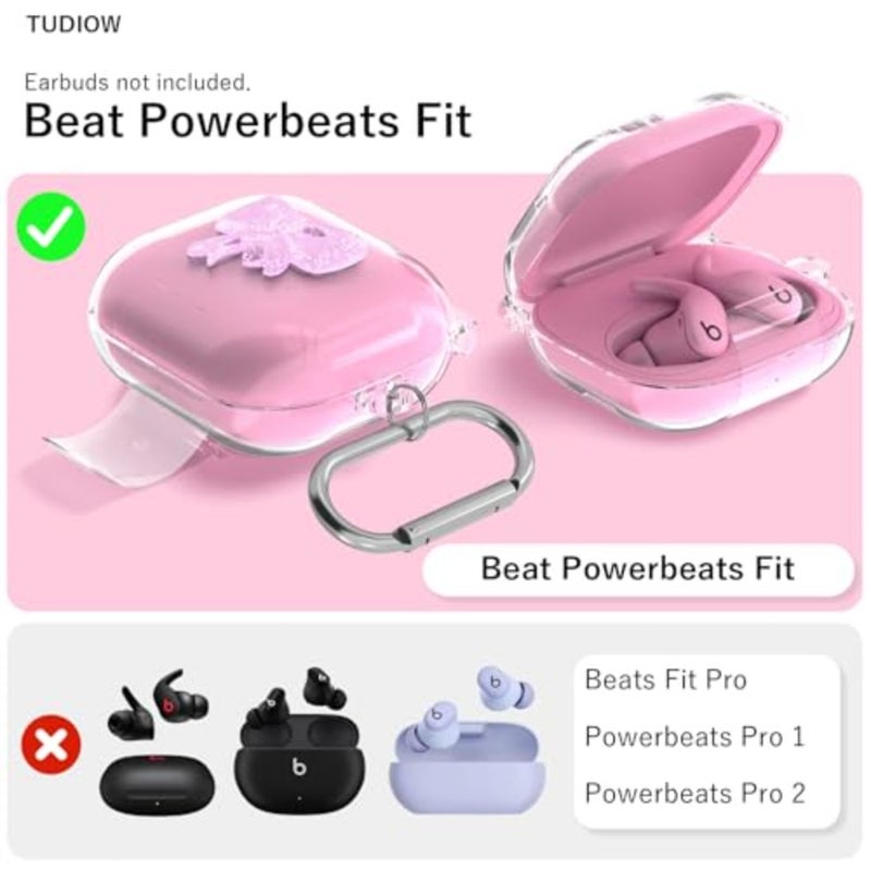 [Secure Lock] TPU Case with 3D Bow Compatible with Beats Powerbeats Fit 2025, Shockproof Clear Case Cover with Phone Stand, Carabiner Keychain and Cleaning Kit Transparent - Image 2