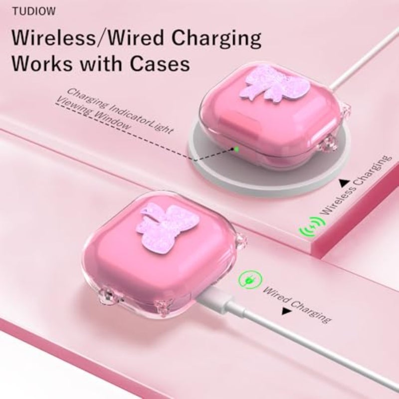 [Secure Lock] TPU Case with 3D Bow Compatible with Beats Powerbeats Fit 2025, Shockproof Clear Case Cover with Phone Stand, Carabiner Keychain and Cleaning Kit Transparent - Image 3