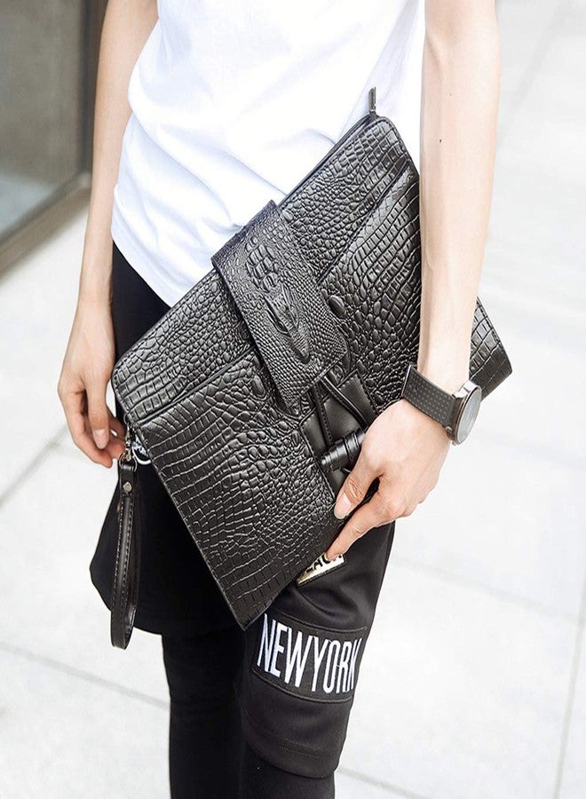 NIGEDU Fashion Men Clutch PU Leather Crocodile Pattern Crossbody Shoulder Bags Envelope Clutches with Wrist Strap (Black) - Image 2
