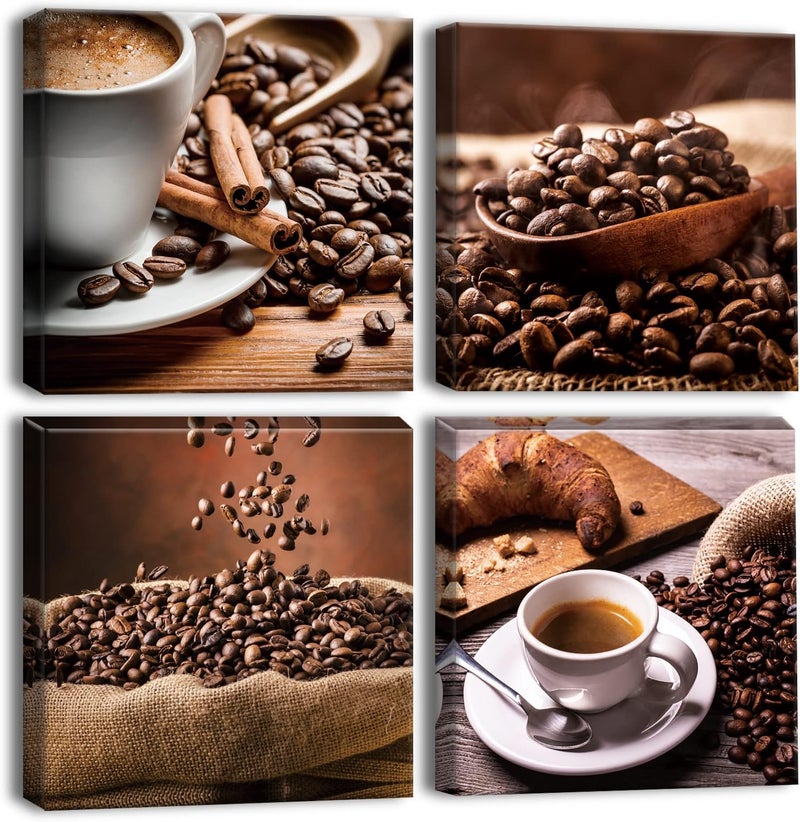 Artscope 4 Pieces Wall Art Canvas Prints - Coffee Beans and Coffee Picture Painting - Modern Wall Artwork Framed for Gifts Bathroom Home Kitchen Office Decor - 30 x 30 CM - Image 1