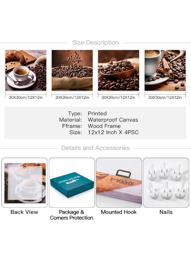 Artscope 4 Pieces Wall Art Canvas Prints - Coffee Beans and Coffee Picture Painting - Modern Wall Artwork Framed for Gifts Bathroom Home Kitchen Office Decor - 30 x 30 CM - Image 5