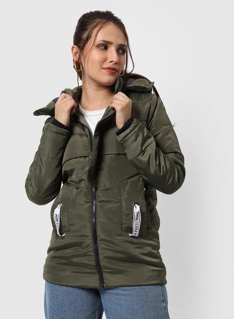 Campus Sutra Women's Olive Green Long Puffer Jacket With Fur Detail For Casual Wear | Hooded Neck  | Long Sleeve | Zipper Closure | Polyester Jacket Crafted With Comfort Fit For Everyday Wear