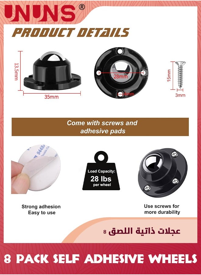 UNUNS 8 Pack Self Adhesive Wheels,Load Capacity 28LBS Per Wheel,Low Profile Swivel Wheels For Small Appliance Storage Bins  - Image 2