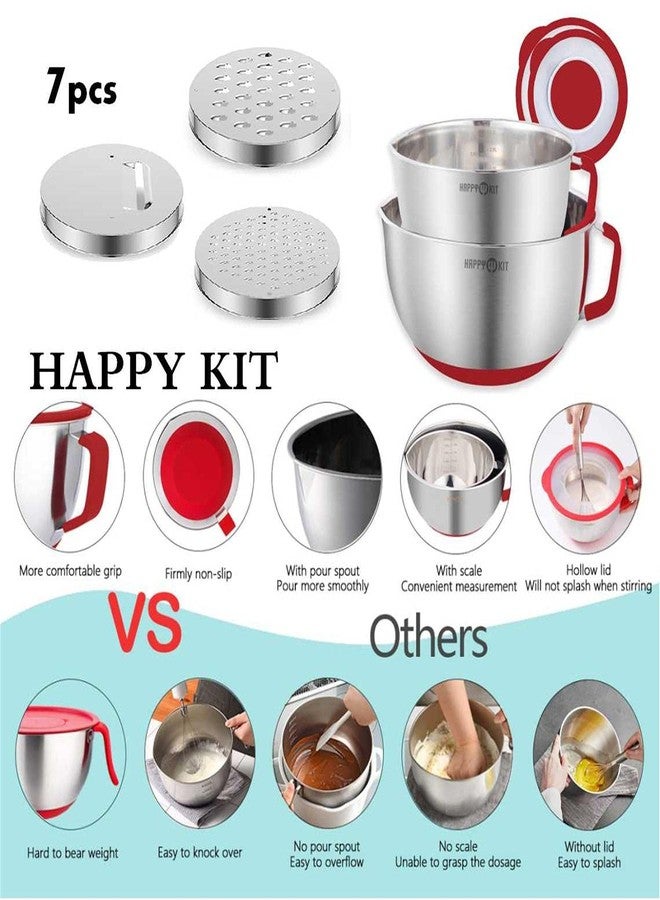 HAPPY KIT 304 Mixing Bowls with Lids Set of 2,Stainless Steel Mixing Bowl with Pour Spout, Non-slip Handle and Bottoms, 3 Grater Attachments, Measurement Marks & Lid, Size 5QT, 3QT(Red) - Image 2