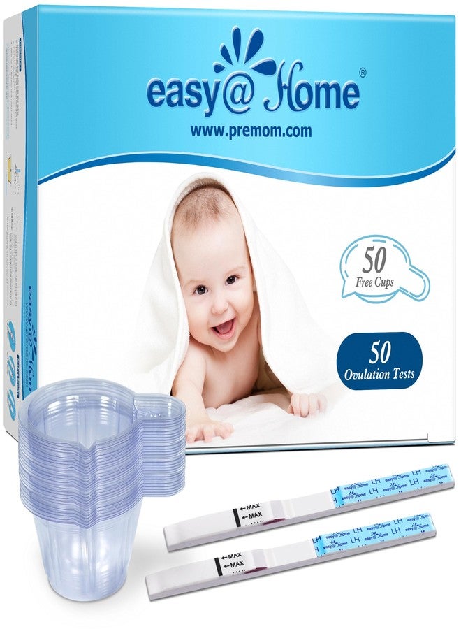 إيزي آت هوم مجموعة اختبار التبويض Easy@Home: اختبار دقيق للخصوبة للنساء (عرض 5 مم)، شرائط اختبار لمراقبة الخصوبة، 50 شريطًا لقياس هرمون LH مع 50 كوبًا لجمع البول - Image 1