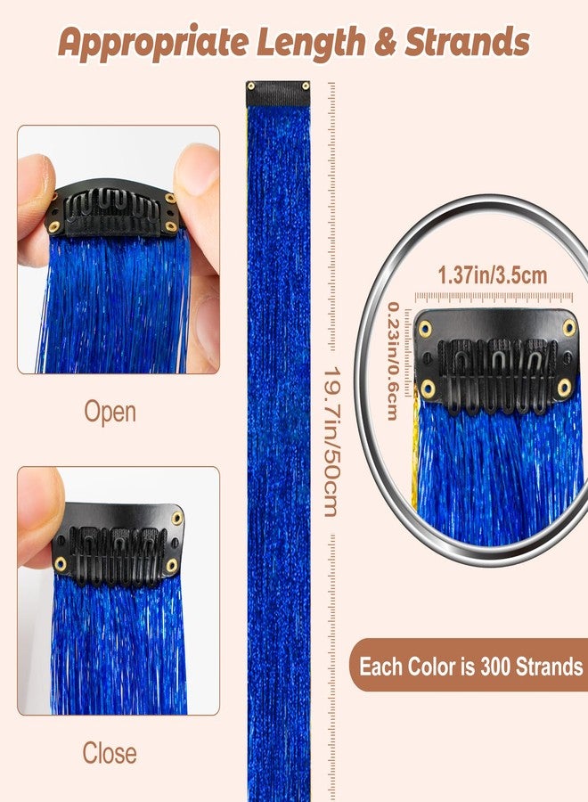 LADYAMZ Clip In Tinsel Hair Extensions 10 PCS, 19.7 Inch Glitter Fairy Hair Tinsel Kit Clips, Sparking Blue Hairpieces Colorful Hair Accessories for Girls Women Gift Party Highlights (Sapphire Blue) - Image 2