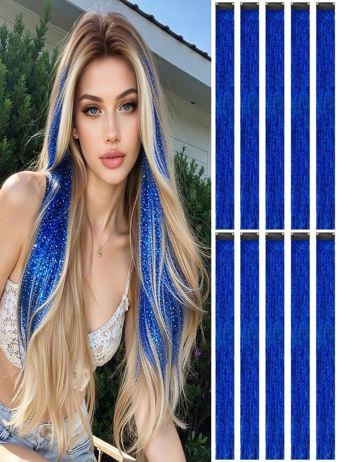 LADYAMZ Clip In Tinsel Hair Extensions 10 PCS, 19.7 Inch Glitter Fairy Hair Tinsel Kit Clips, Sparking Blue Hairpieces Colorful Hair Accessories for Girls Women Gift Party Highlights (Sapphire Blue) - Image 1