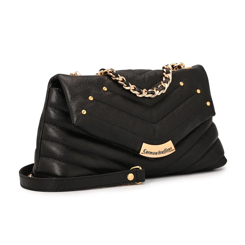 Black Quilted Leather Bag with Metal Application