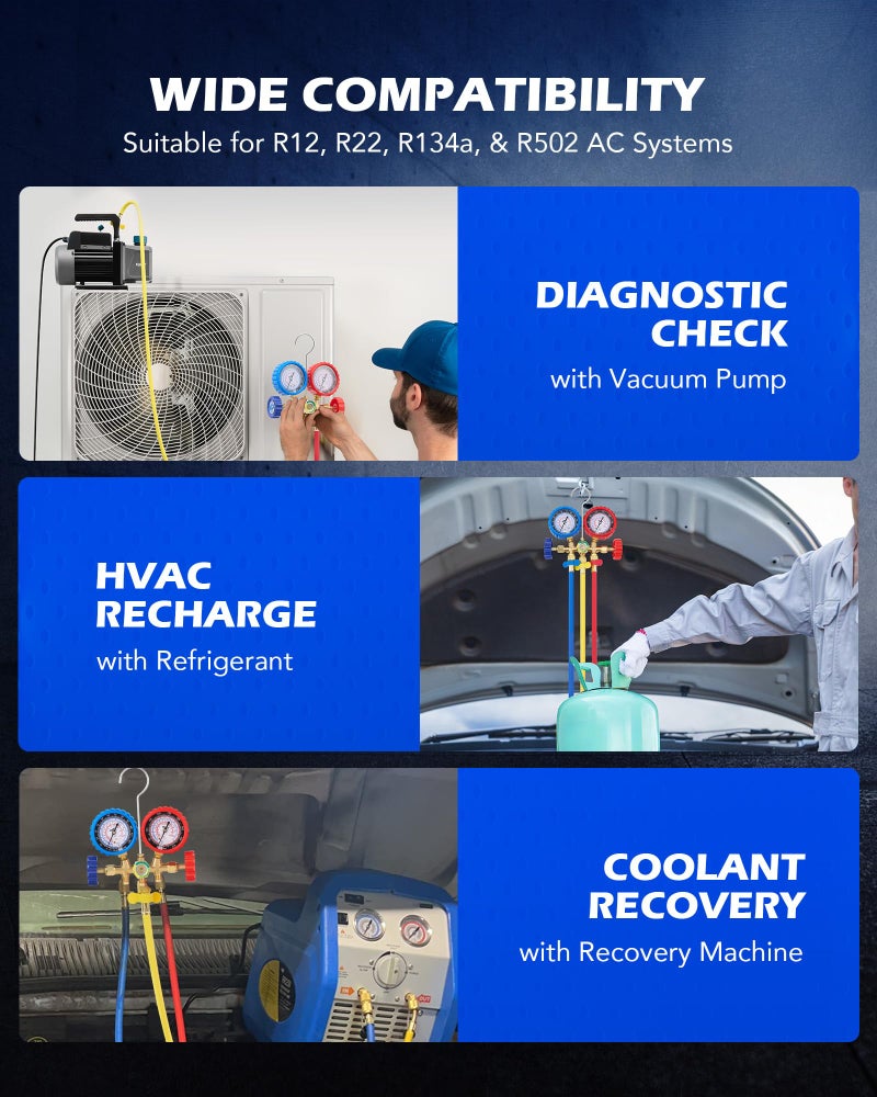Orion Motor Tech AC Gauge Set with Self Sealing & Puncturing R134A Can Tap, AC Gauges for R134a R12 R22 R502 Refrigerant, Car AC Gauge Set with 5FT Hoses Adapter Adjustable Couplers, Freon Charge Kit - Image 4