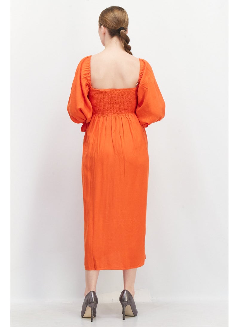O P T - Women Plain Midi Dress, Orange - Image 1