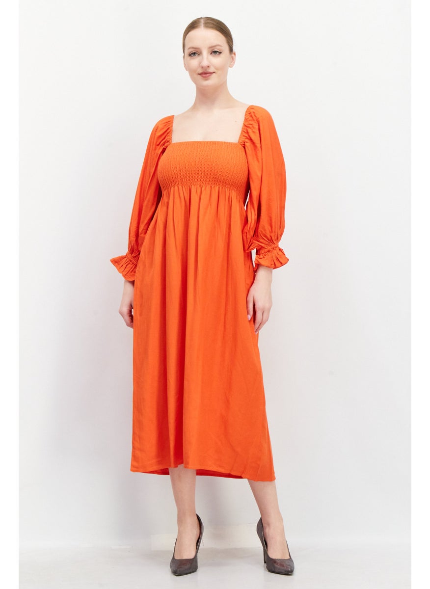 O P T - Women Plain Midi Dress, Orange - Image 1