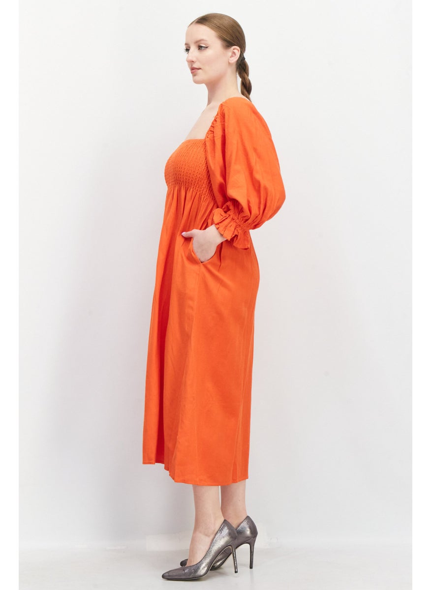 O P T - Women Plain Midi Dress, Orange - Image 1