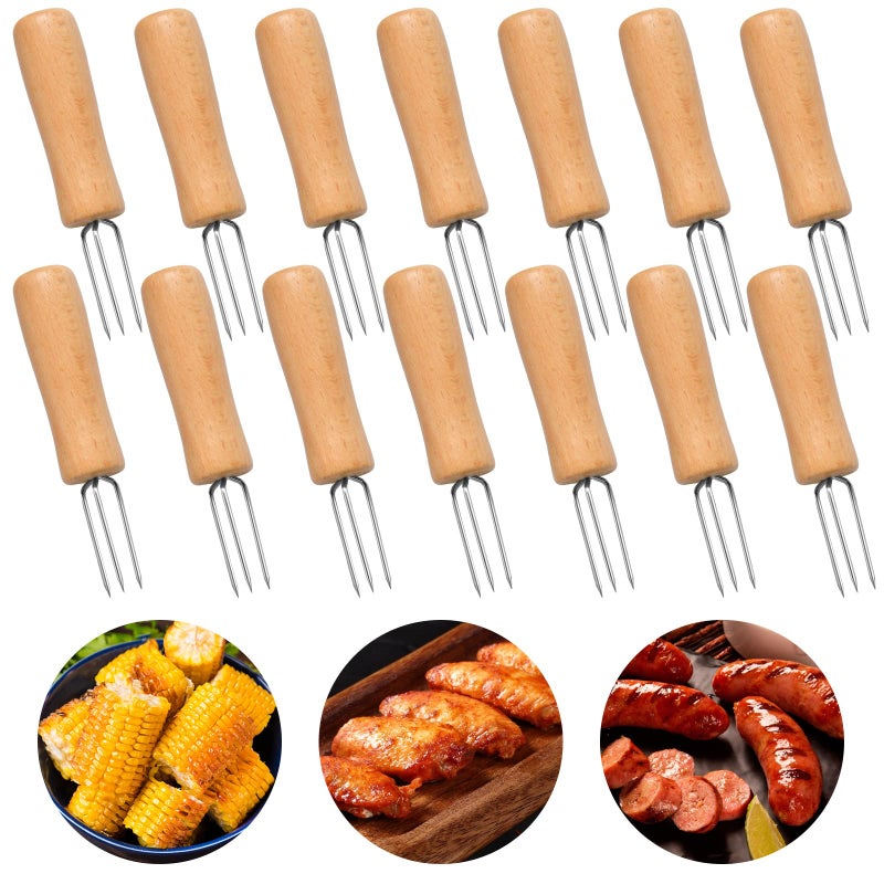 Elesunory 14 Pcs Stainless Steel Corn Holders Stainless Steel Corn on the Cob Holders with Wooden Handle Durable AntiScald Corn Holder for Home Camping Cooking BBQ