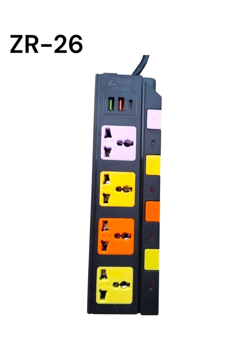 Zero zr-26 Power Strip 4 Outlets, 2 USB Inlets, 1 USB Type-C Inlet with the ability to control each outlet via the outlet's power button - 1.5 meters long - Image 1