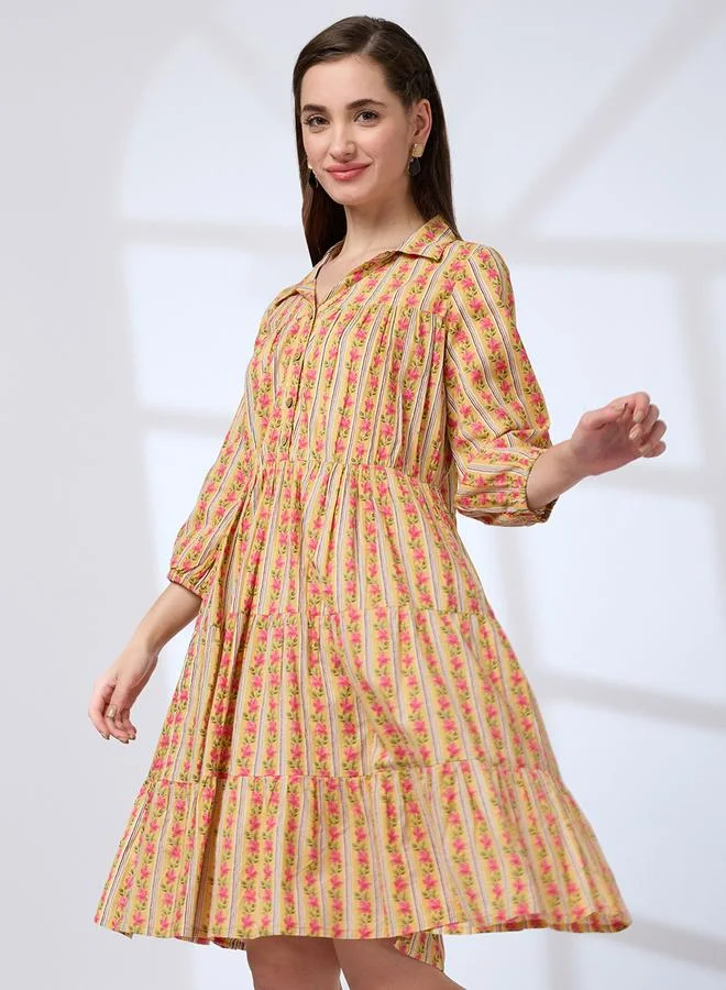 globus Yellow Floral Cotton Tiered Work Wear Dress