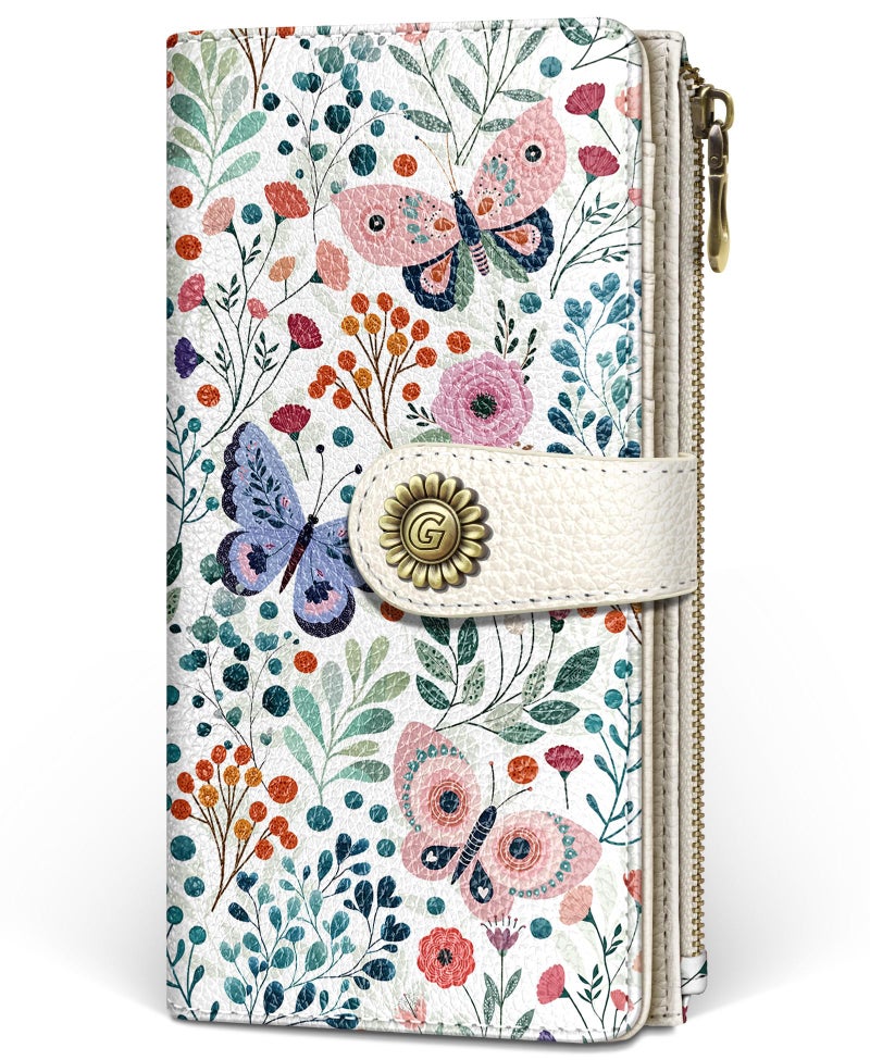 GIANCOMICS Butterfly Flower Womens Wallet RFID Blocking, Credit Card Holder Bifold, PU Leather Travel Billfold, Long Cute Cash Purse, Zipper Coin Pocket Clutch, 11 Card Slot, Ladies Gift Woman - Image 1