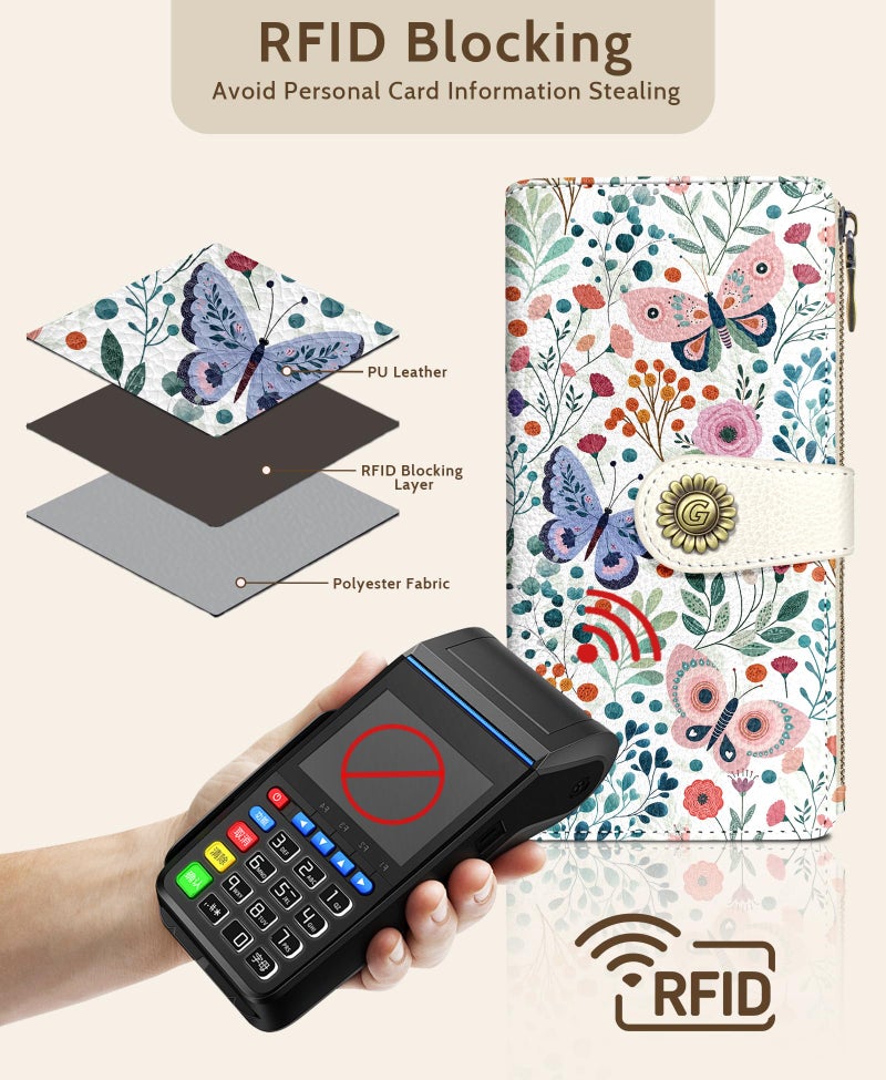 GIANCOMICS Butterfly Flower Womens Wallet RFID Blocking, Credit Card Holder Bifold, PU Leather Travel Billfold, Long Cute Cash Purse, Zipper Coin Pocket Clutch, 11 Card Slot, Ladies Gift Woman - Image 4