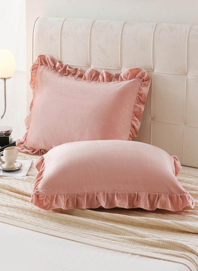 MOVE OVER Pink Ruffle Pillow Cases King Size 20x36 Inches Velvet Pillowcases Soft Microfiber Luxurious and Vintage Blush Pink Velvet Pillow Shams for Bedroom 2 Pcs Girls Pink Velvet Pillow Case Cover - Image 1