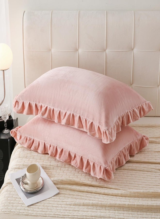 MOVE OVER Pink Ruffle Pillow Cases King Size 20x36 Inches Velvet Pillowcases Soft Microfiber Luxurious and Vintage Blush Pink Velvet Pillow Shams for Bedroom 2 Pcs Girls Pink Velvet Pillow Case Cover - Image 3