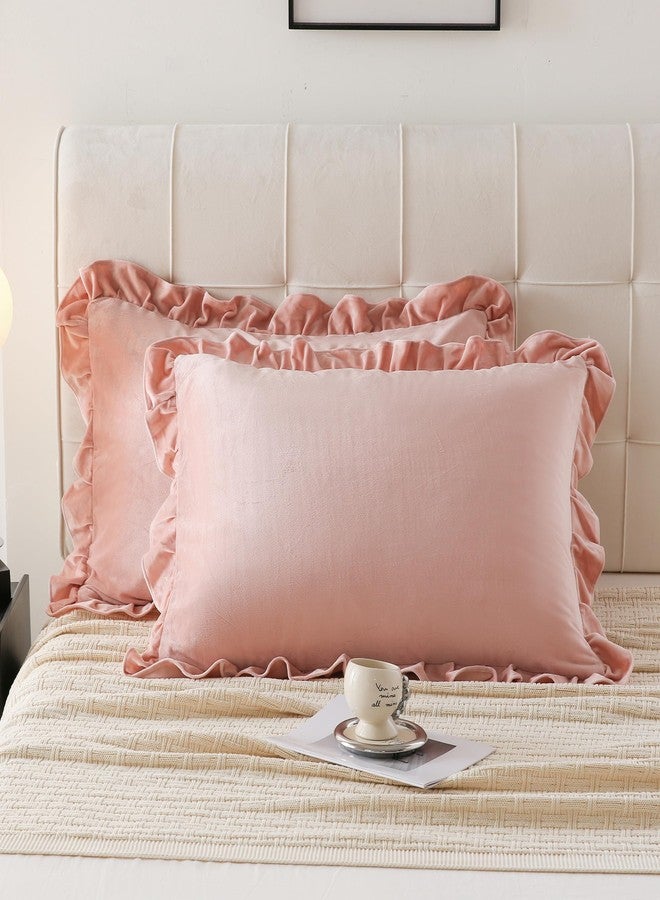 MOVE OVER Pink Ruffle Pillow Cases King Size 20x36 Inches Velvet Pillowcases Soft Microfiber Luxurious and Vintage Blush Pink Velvet Pillow Shams for Bedroom 2 Pcs Girls Pink Velvet Pillow Case Cover - Image 2