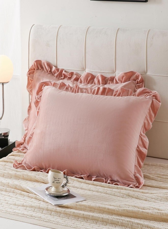 MOVE OVER Pink Ruffle Pillow Cases King Size 20x36 Inches Velvet Pillowcases Soft Microfiber Luxurious and Vintage Blush Pink Velvet Pillow Shams for Bedroom 2 Pcs Girls Pink Velvet Pillow Case Cover - Image 4