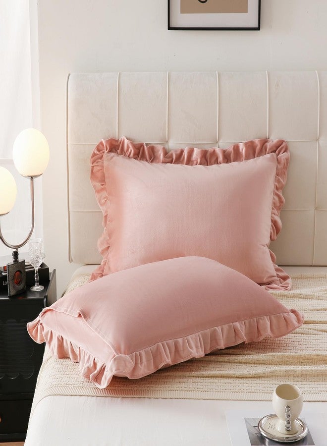 MOVE OVER Pink Ruffle Pillow Cases King Size 20x36 Inches Velvet Pillowcases Soft Microfiber Luxurious and Vintage Blush Pink Velvet Pillow Shams for Bedroom 2 Pcs Girls Pink Velvet Pillow Case Cover - Image 5