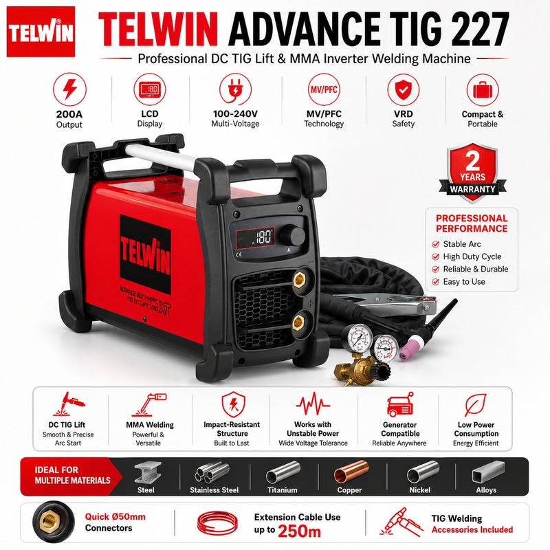 Telwin Advance TIG 227 Inverter Welding Machine DC TIG Lift MMA 200A Multi Voltage PFC VRD Professional Welder - Image 1