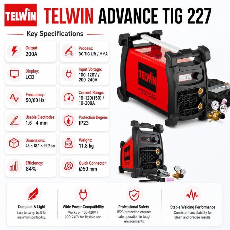 Telwin Advance TIG 227 Inverter Welding Machine DC TIG Lift MMA 200A Multi Voltage PFC VRD Professional Welder - Image 2