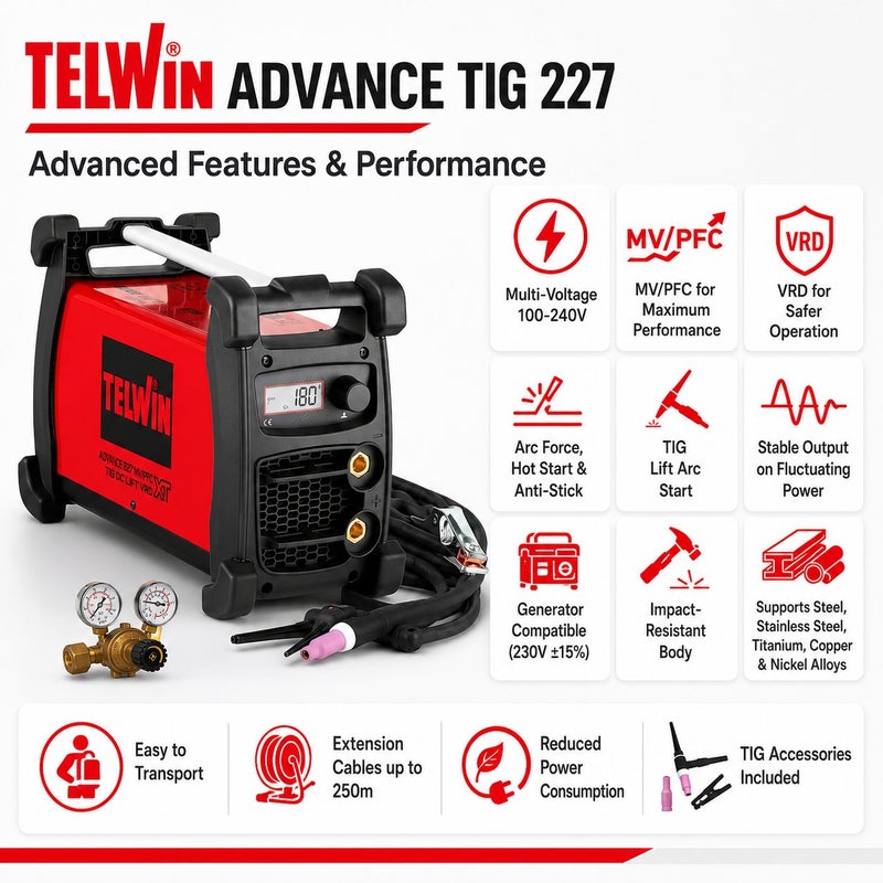 Telwin Advance TIG 227 Inverter Welding Machine DC TIG Lift MMA 200A Multi Voltage PFC VRD Professional Welder - Image 3