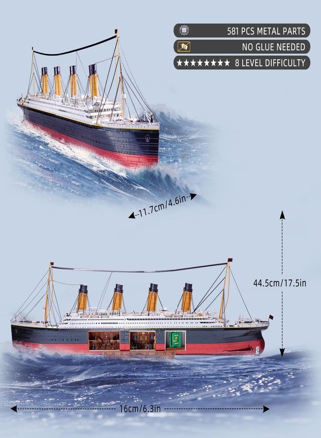 MU 3D Metal Puzzle for Adult Titanic Ship Model Building with LED Lighting, RMS Titanic Ocean Liner Metal Puzzle Model Kits Toys, Watercraft Home Desk Decor, 581pcs - Image 2