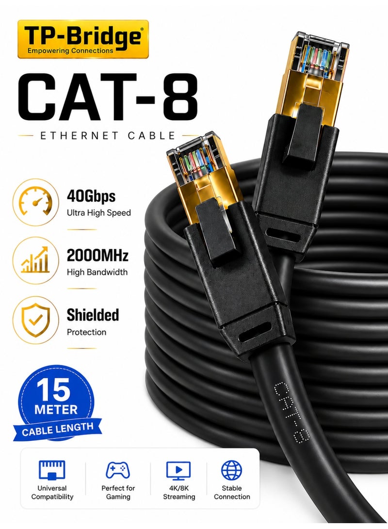 تي بي بردج كابل إيثرنت CAT-8 بطول 15 مترًا - كابل شبكة LAN فائق السرعة 40 جيجابت في الثانية | كابل إنترنت RJ45 محمي بتردد 2000 ميجاهرتز لأجهزة الألعاب وأجهزة الكمبيوتر المحمولة وأجهزة PS5 - Image 1