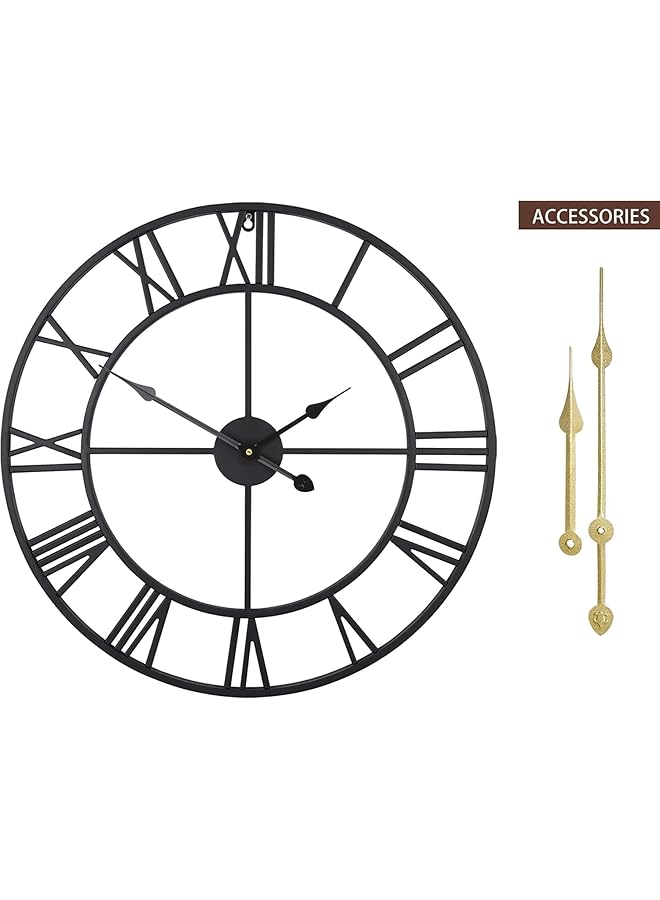 erorex Large Modern Metal Wall Clocks 47Cm Round Nearly Silent Little Ticking Outdoor Black Roman Numeral Clock For Kitchen Living Room Bedroom Wall Decor - Image 2