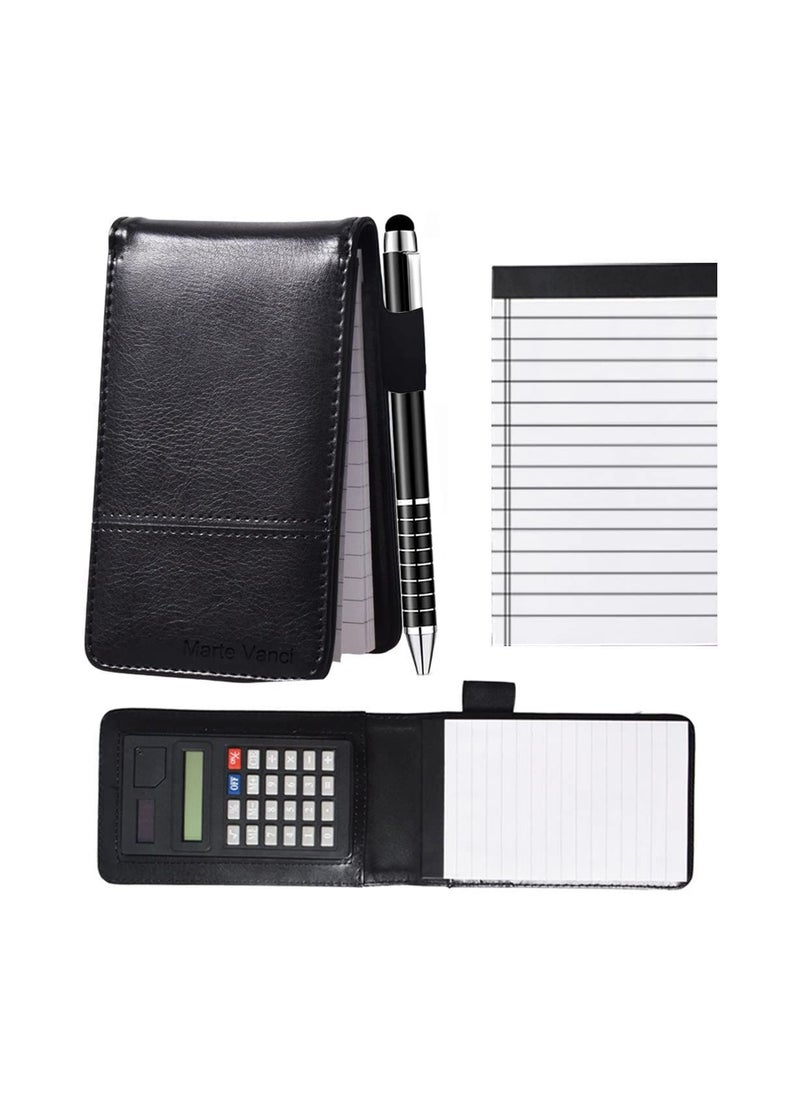 Arabest - Notebook with Calculator, PU Leather Working Small Notebook Notepad with Pen Pad Holder Set Multi Function A7 Soft Cover Notebook for Office Working, Schools, Restaurants (Blcak) - Image 1