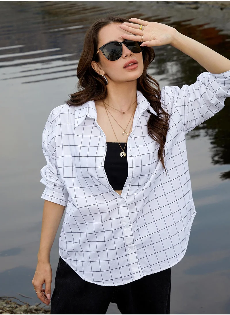 Campus Sutra Women's Daisy White Graph Check Oversized Shirt
