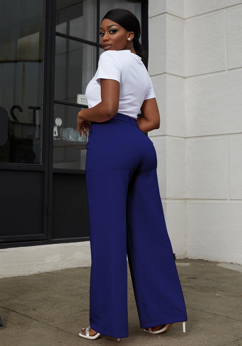 LKOUS Women's High Waisted Straight Wide Leg Dress Pants Stretchy Work Trousers with Pockets Business Casual Blue - Image 2