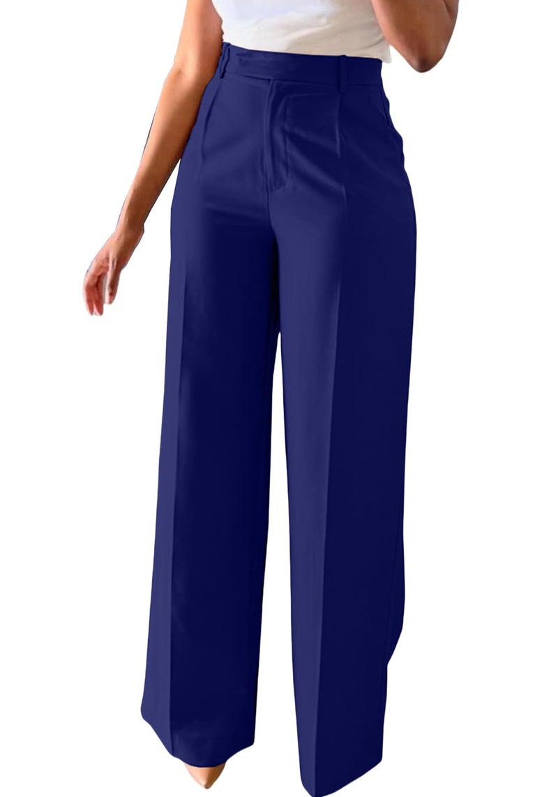 LKOUS Women's High Waisted Straight Wide Leg Dress Pants Stretchy Work Trousers with Pockets Business Casual Blue - Image 1