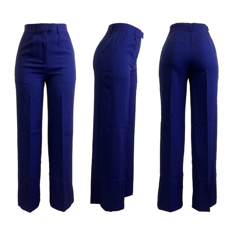 LKOUS Women's High Waisted Straight Wide Leg Dress Pants Stretchy Work Trousers with Pockets Business Casual Blue - Image 5
